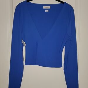 Babyton Contour Long Sleeve  Women's Blue V-Neck Top